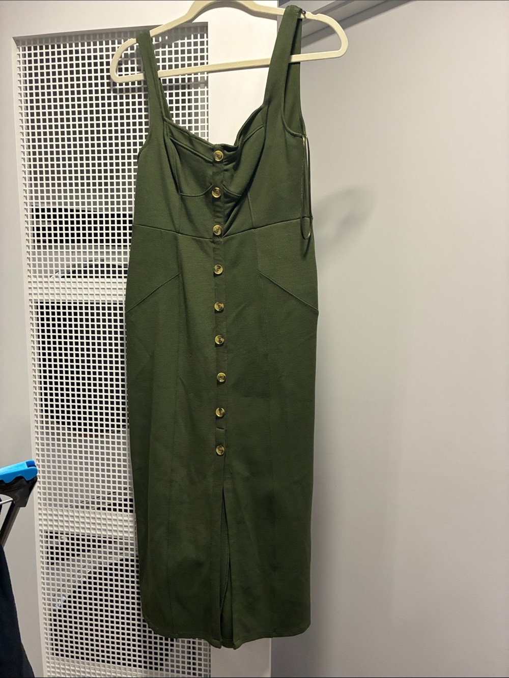 Maeve Olive Green Button-Front Midi Dress with Sweetheart Neck
